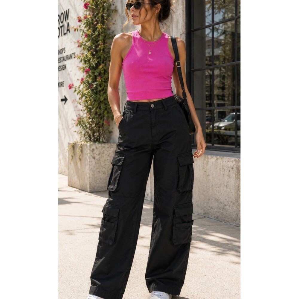 Black Cargo Utility Pants Women’s Small Tactical Wide Leg Stretch Pockets